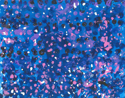 Abstract painting of navy, pink, black, and white dots on a blue background