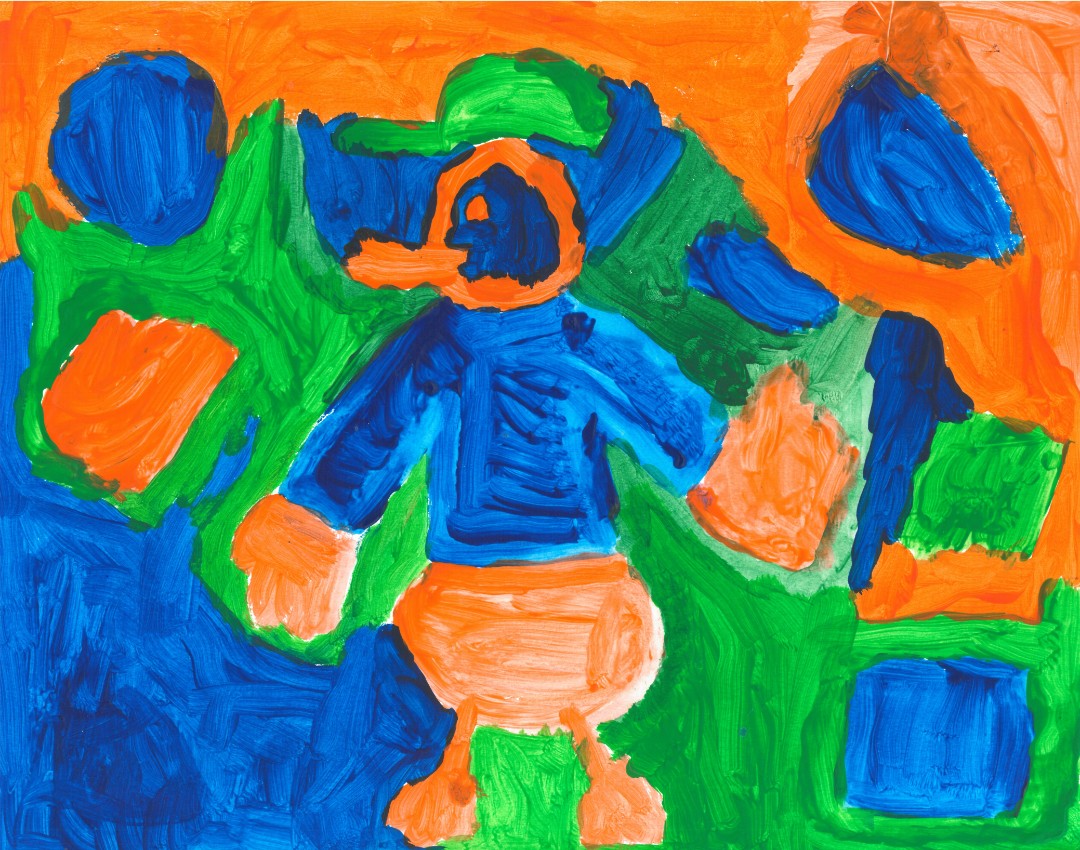 Abstract painting of a blue and orange duck on a field of blue, green, and orange