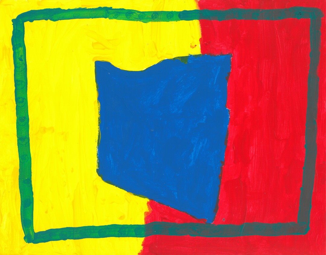 painting of a blue shape amongst a background divided in yellow and red
