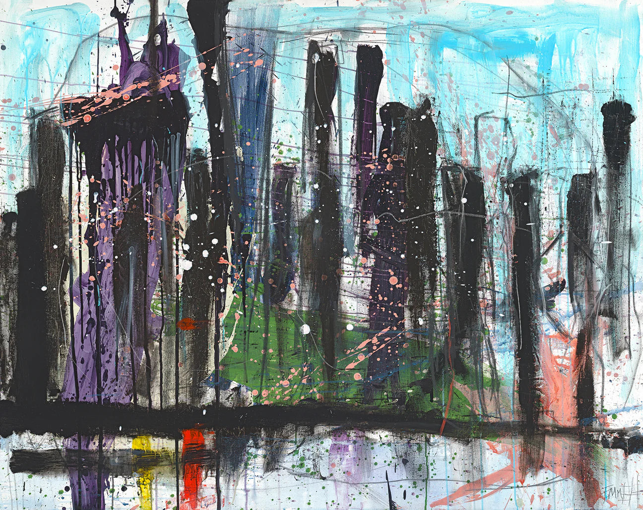 Abstract painting of black lines and white dots on a colorful background