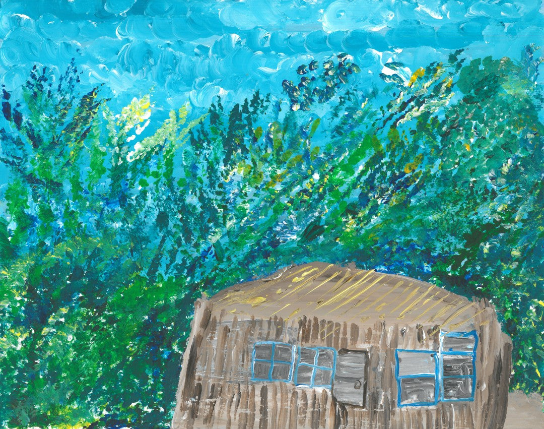 Artistic rendering of a brown building surrounded by greenery under a blue sky