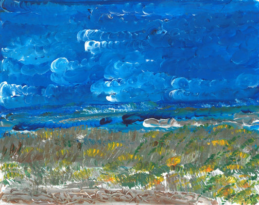 Artistic rendering of yellow and green grass under a blue sky