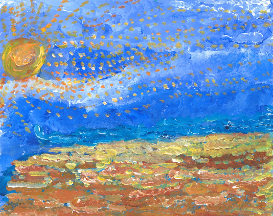 Artistic rendering of the sun shinging down on a beach