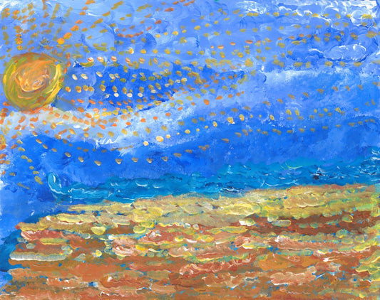 Artistic rendering of the sun shinging down on a beach