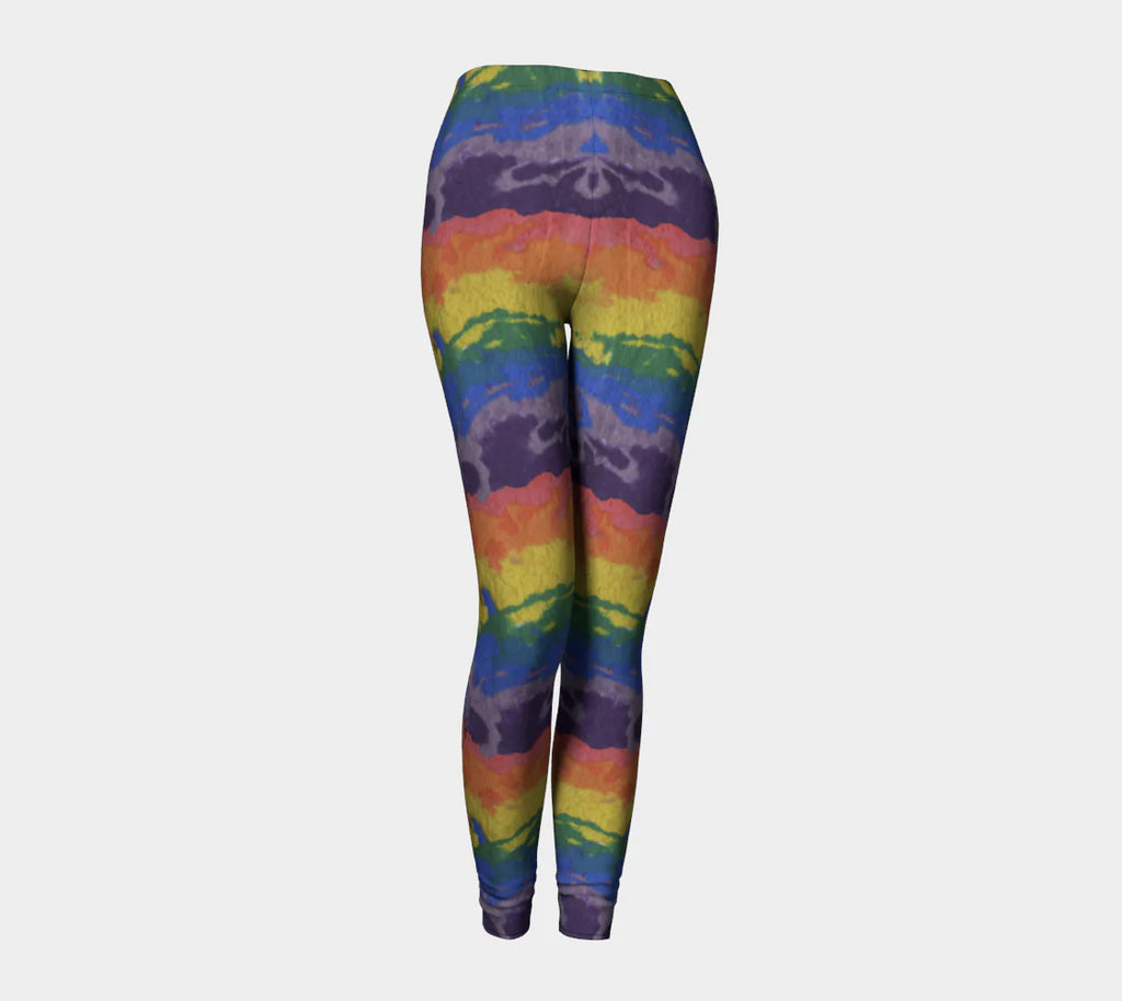 Colorful rainbow leggings with painted streaks of purple, blue, green, yellow, orange, blue and pink