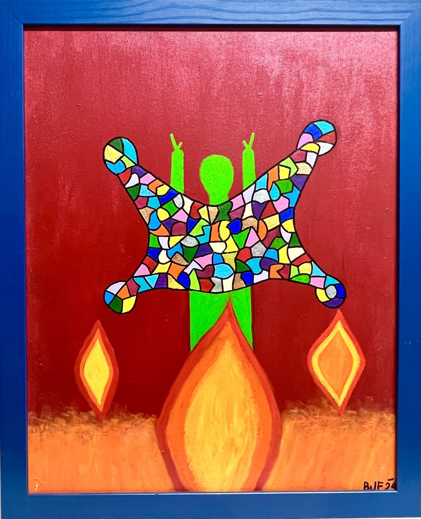 Artistic rendering of a green man emerging from fire and opening a colorful cloak