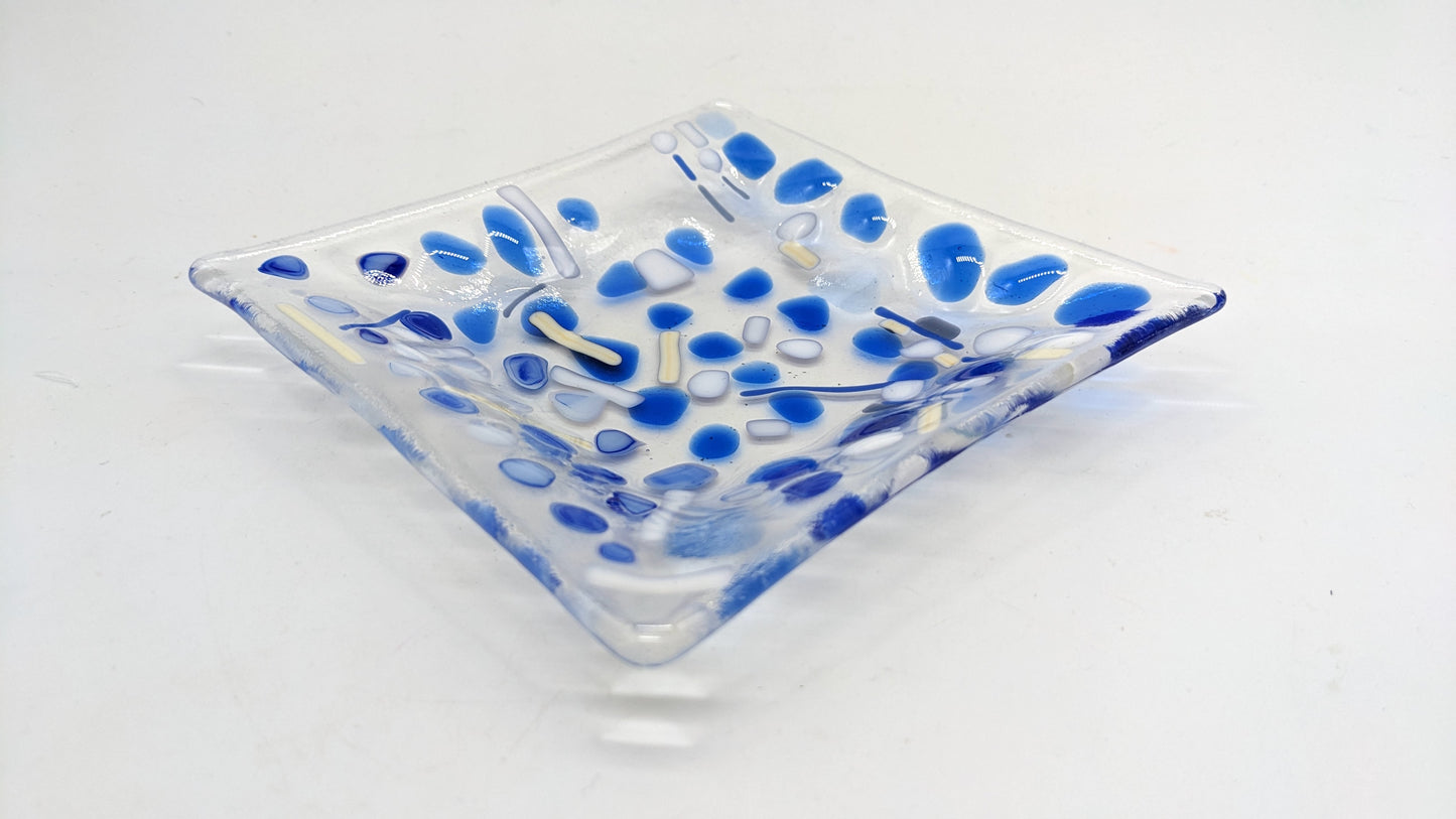 fused glass with blue and white