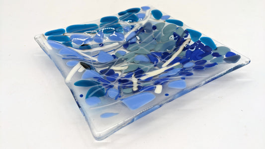glass square dish with blues and white
