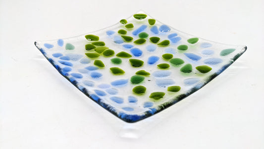 glass dish with blue and green dots