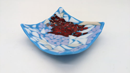 glass bowl with purple, white and red