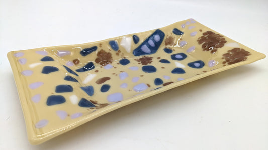 cream glass tray with blue, purple, and white
