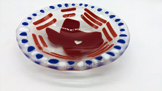 glass bowl with red texas and border of blue and white