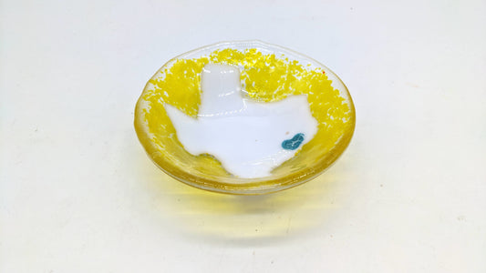 glass bowl with shape of texas with a heart on houston
