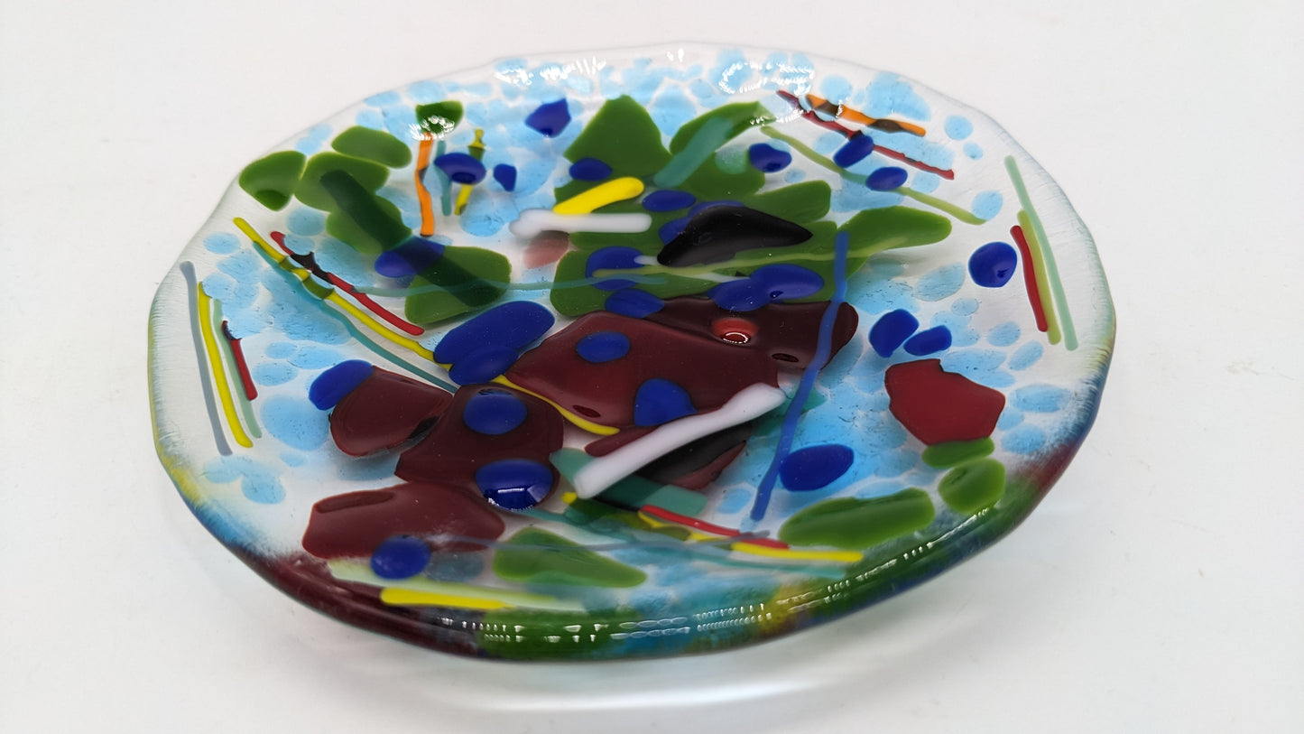 glass trinket plate with blues and greens
