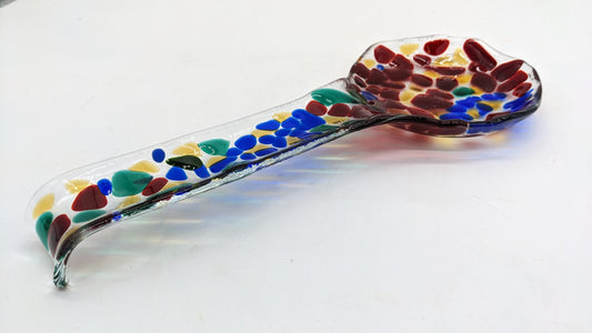 glass spoon rest with transparent red, green, yellow and blue