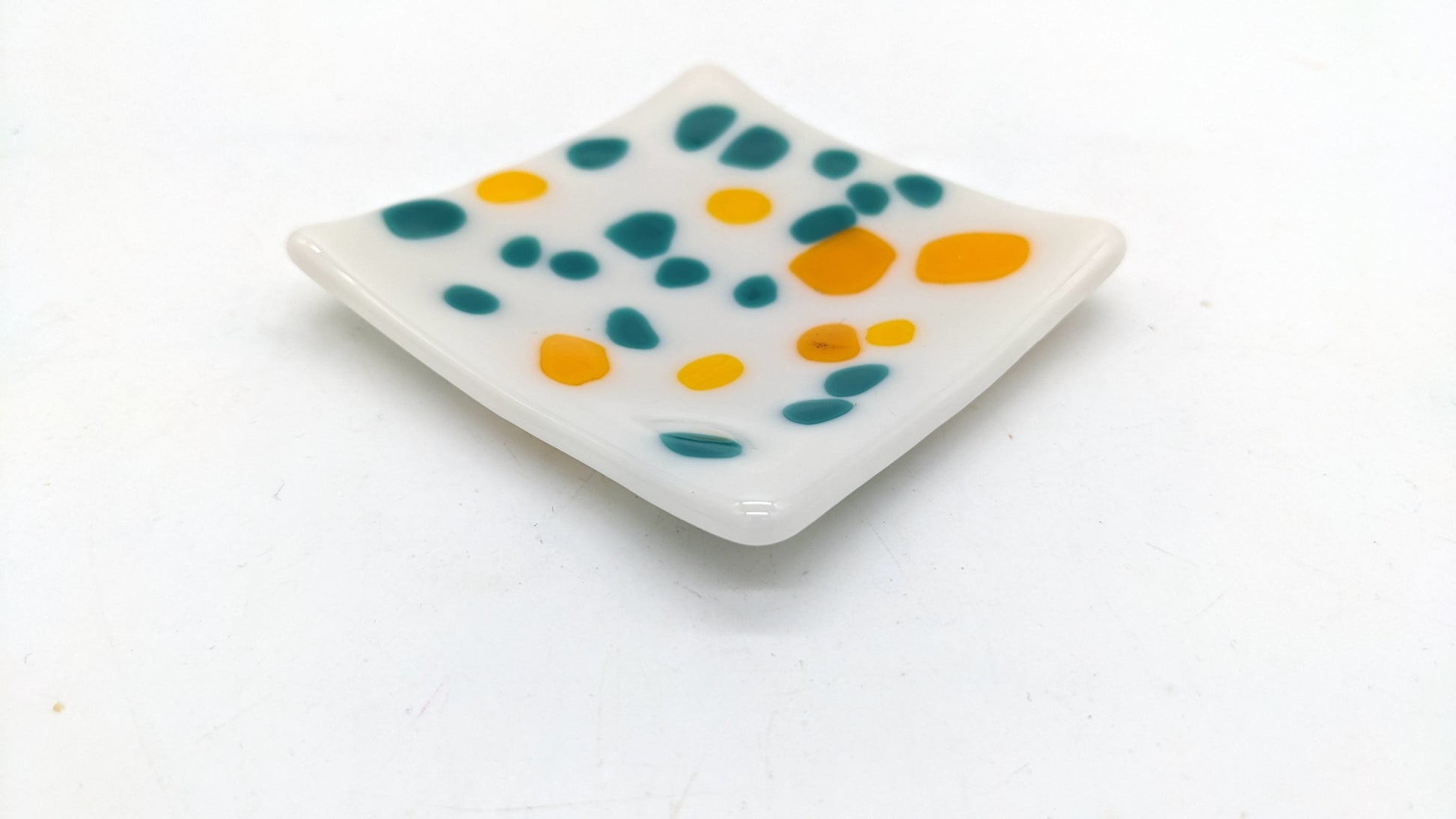 glass tray with yellow and teal