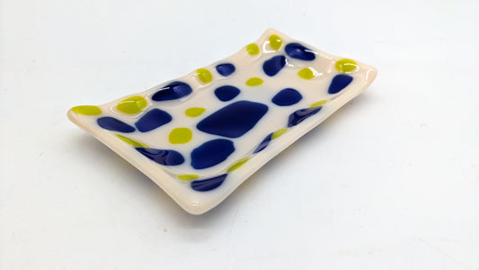 tan soap dish with blue and green