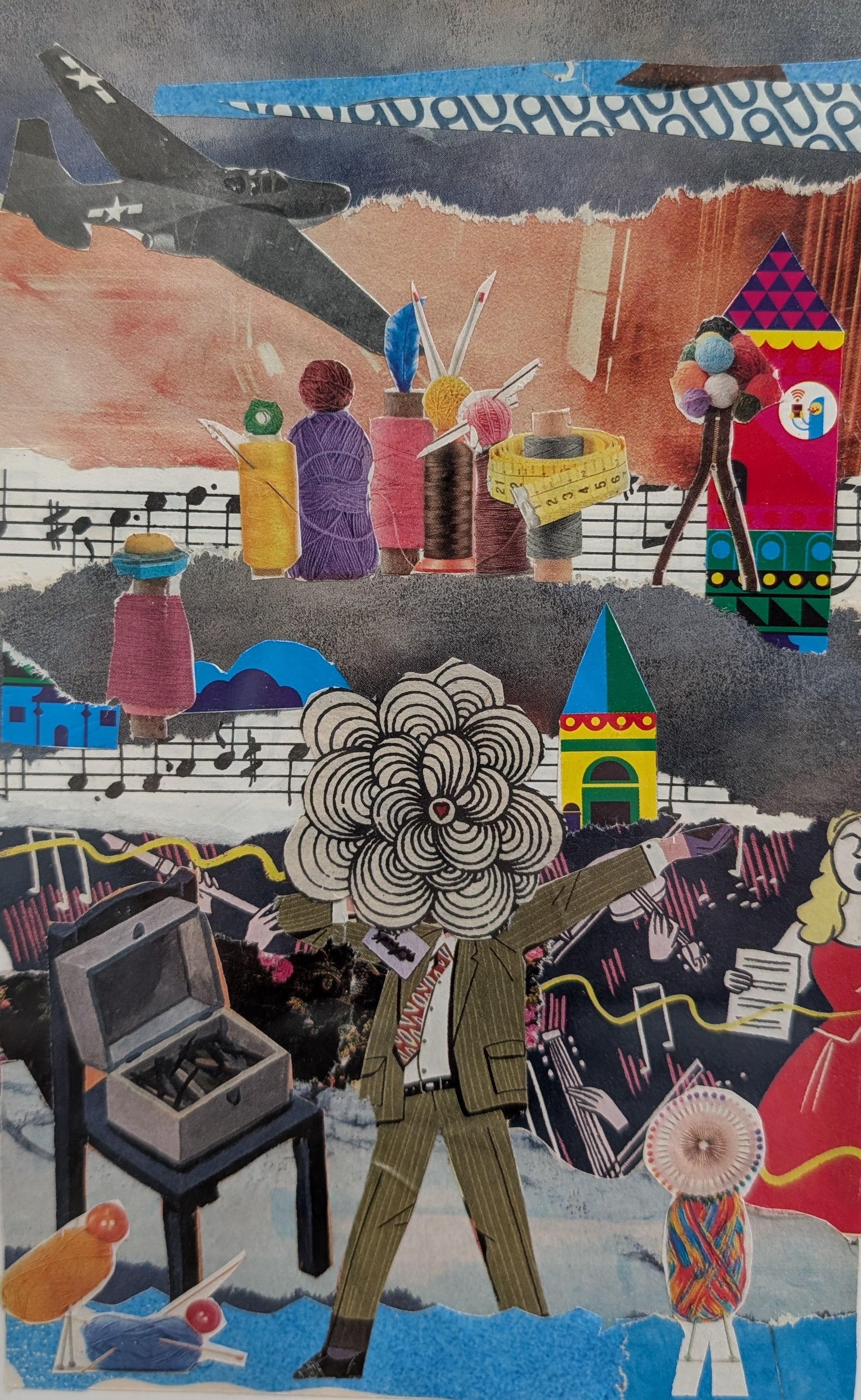 Collage with spools of thread forming people and music sheets