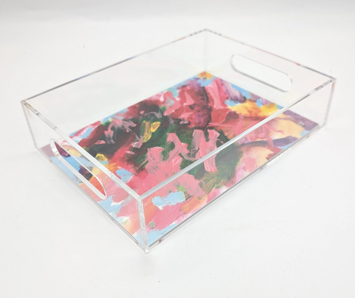 acrylic tray with a pink design