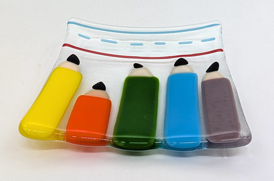 glass square glass trinket trays with pencil design on it