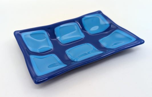 blue soap dish with squares on top