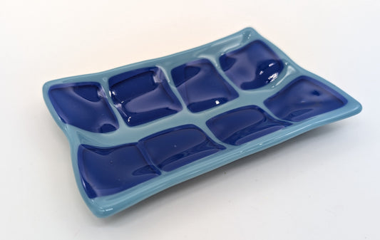 blue soap dish with squares on top