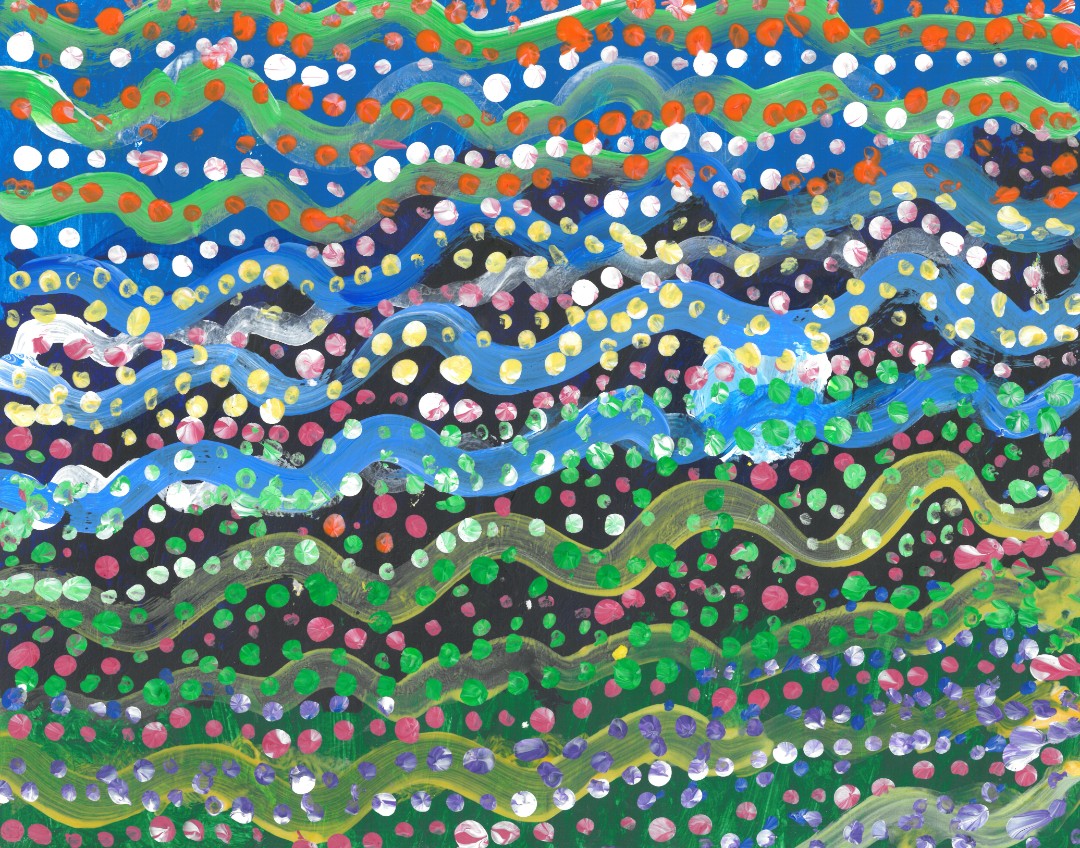 Abstract painting of colorful dots on blue, green, and black waving stripes