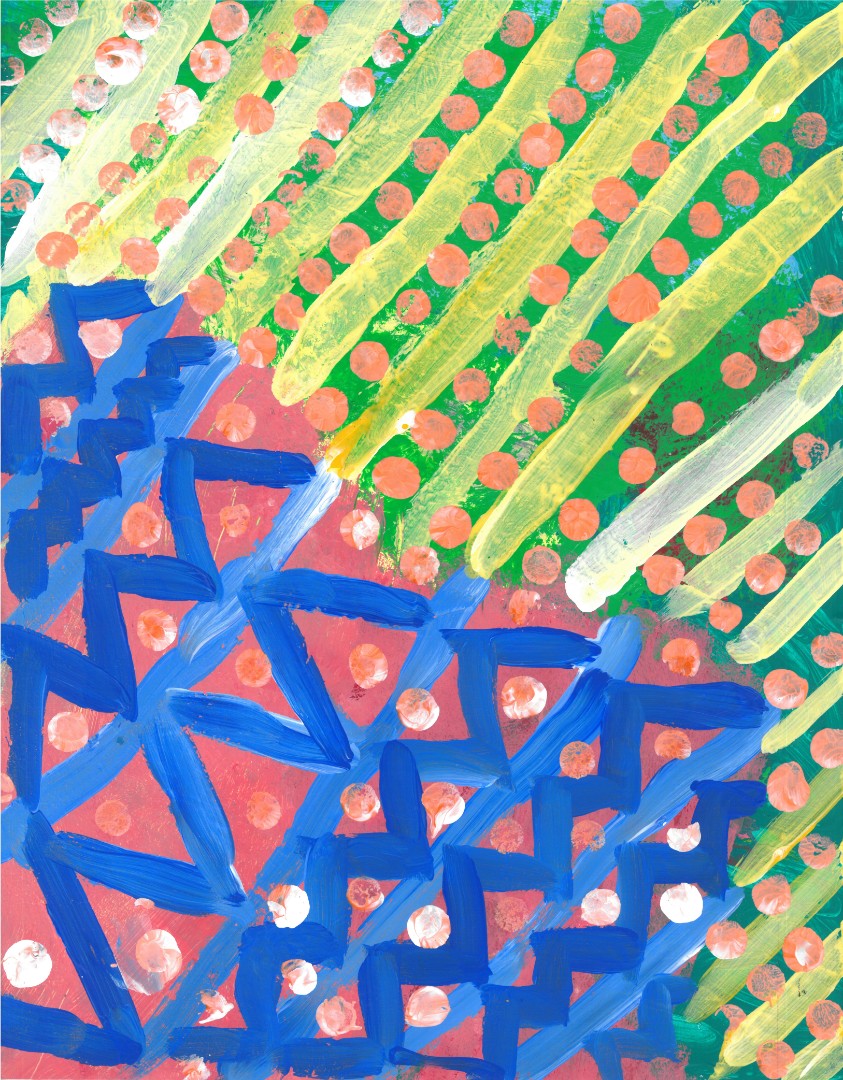 abstract painting ofblue zigzag stripes that turn into yellow diagonal lines.Inbetween are coral polka dots