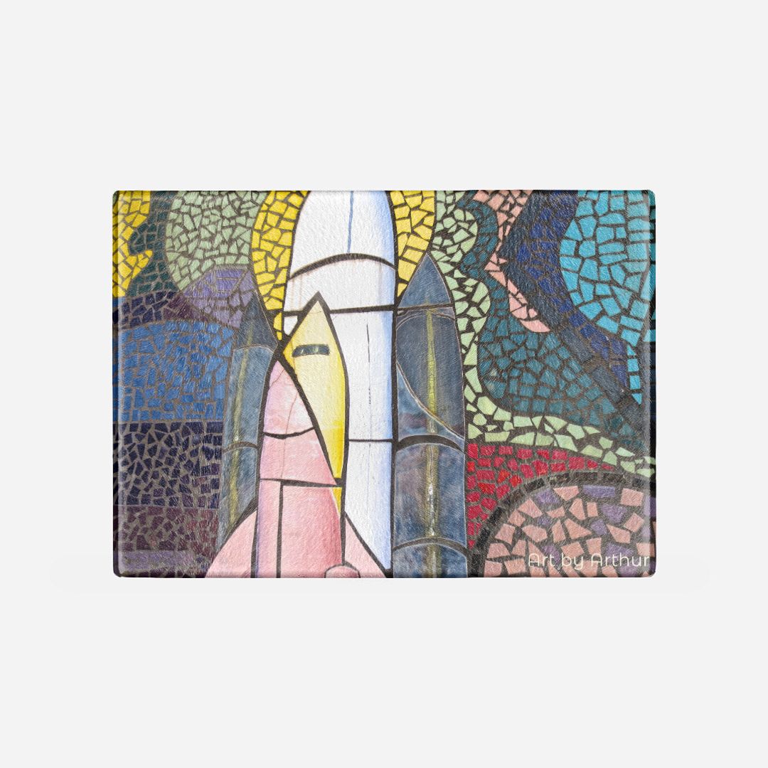 Glass cutting board of colored mosaic tiles depicting space shuttle