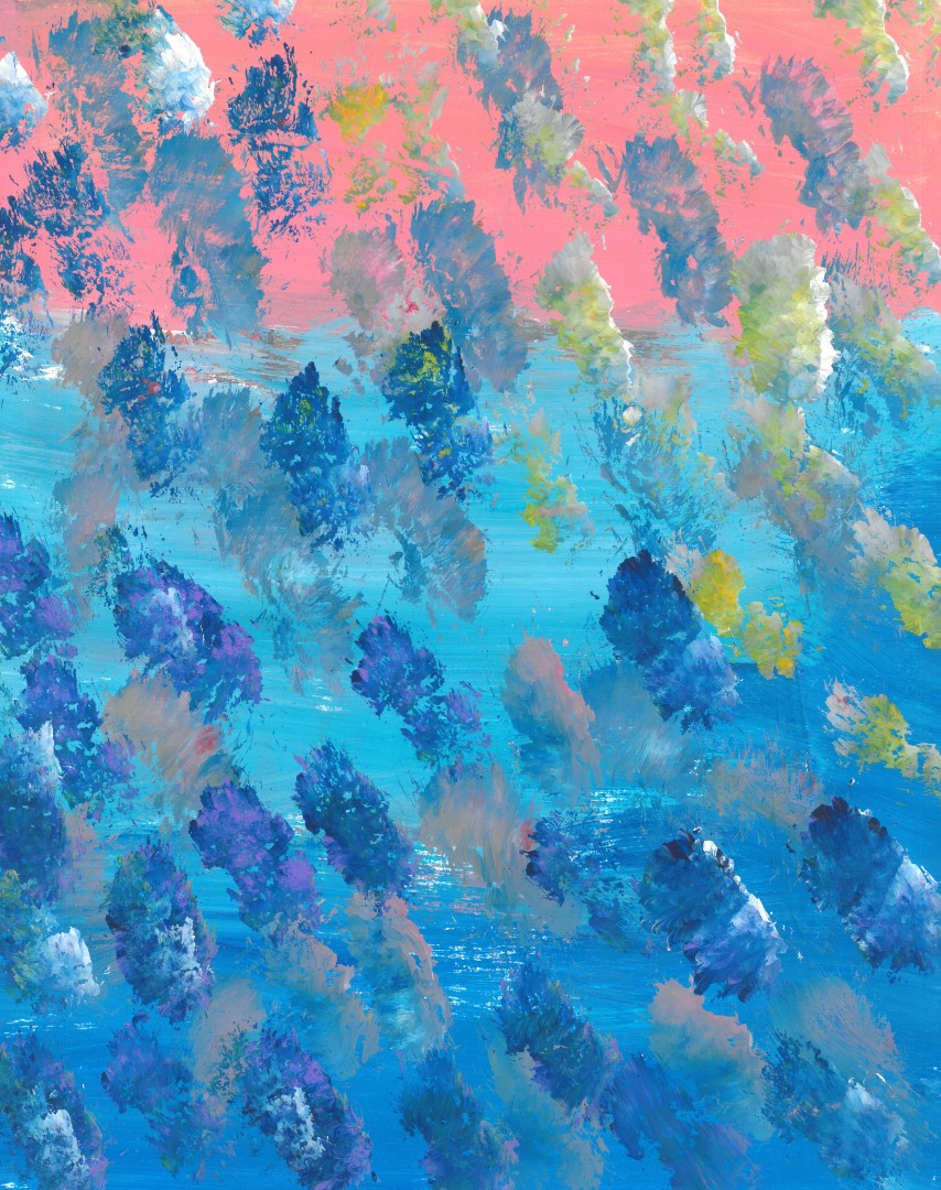 Abstract painting of blue and green specks on a pink and blue striped background