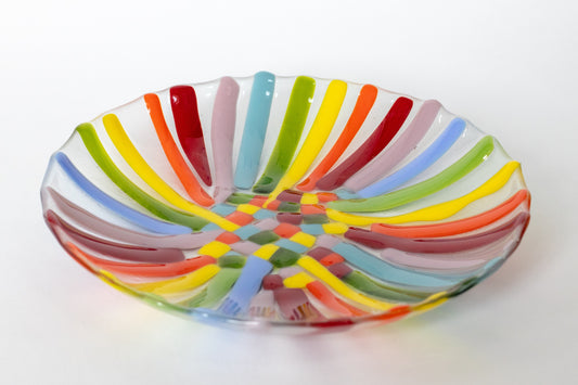 Clear glass bowl with rainbow stripes