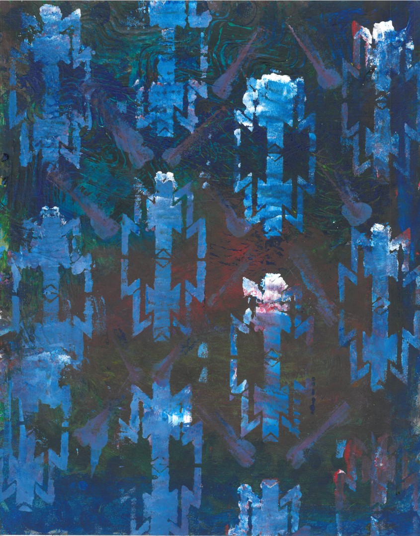 Abstract painting of blue and white western designs on a black background