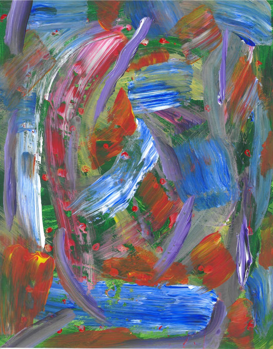Abstract painting of red, blue and green swirls