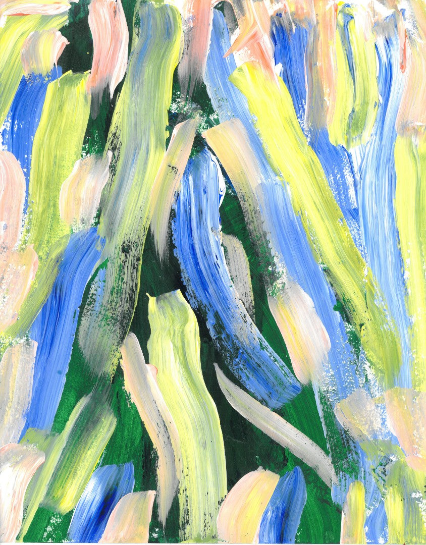 abstract painting of orange, yellow, and blue lines against green