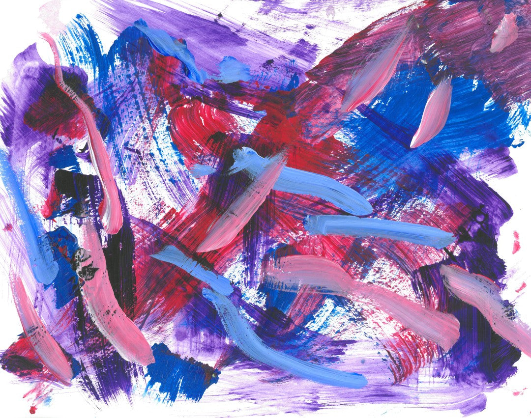 Abstract painting of blending red and blue stripes criss crossing on a white background