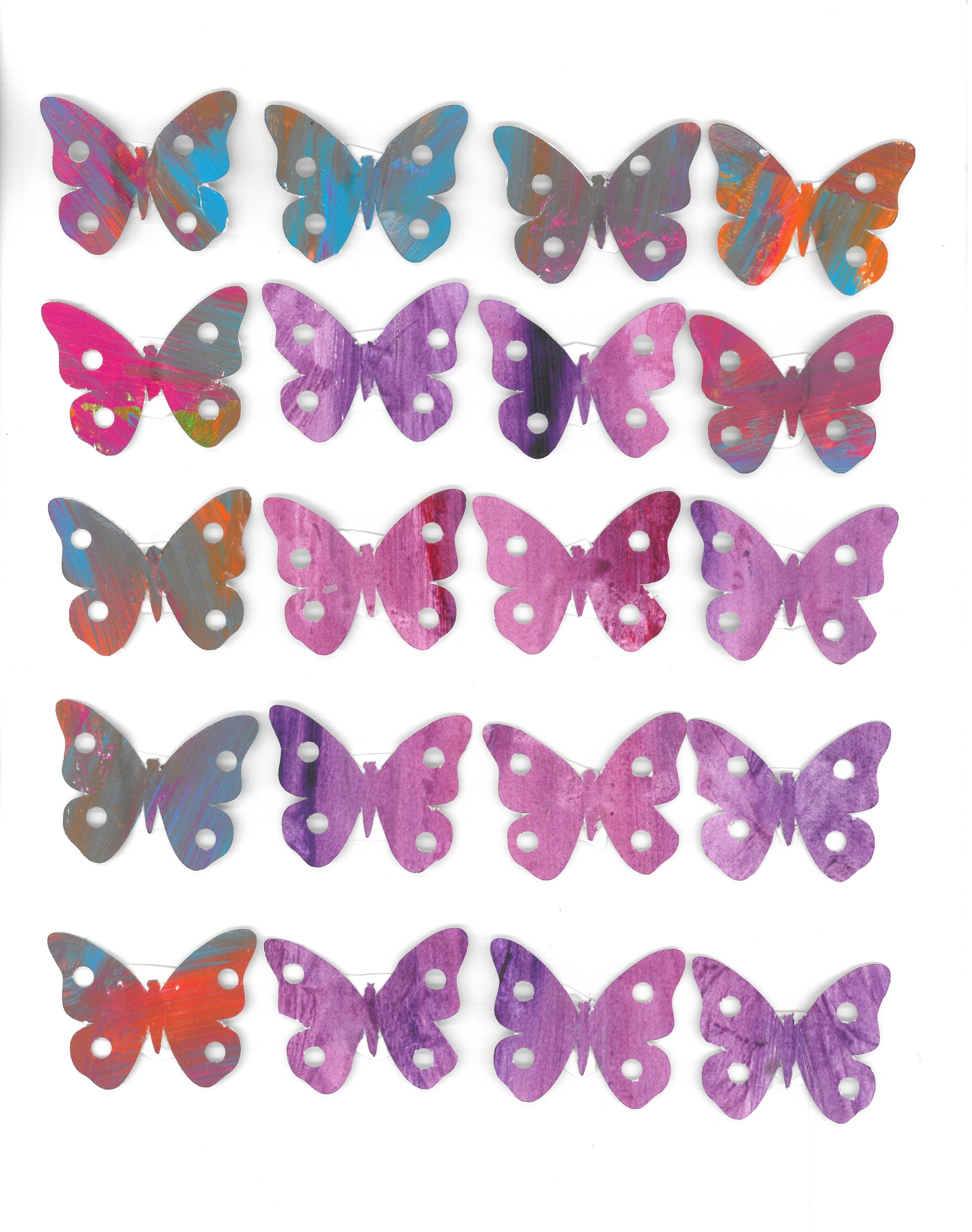 collage of butterflies in a grid of 4x5 of previous paintings in shades of purple