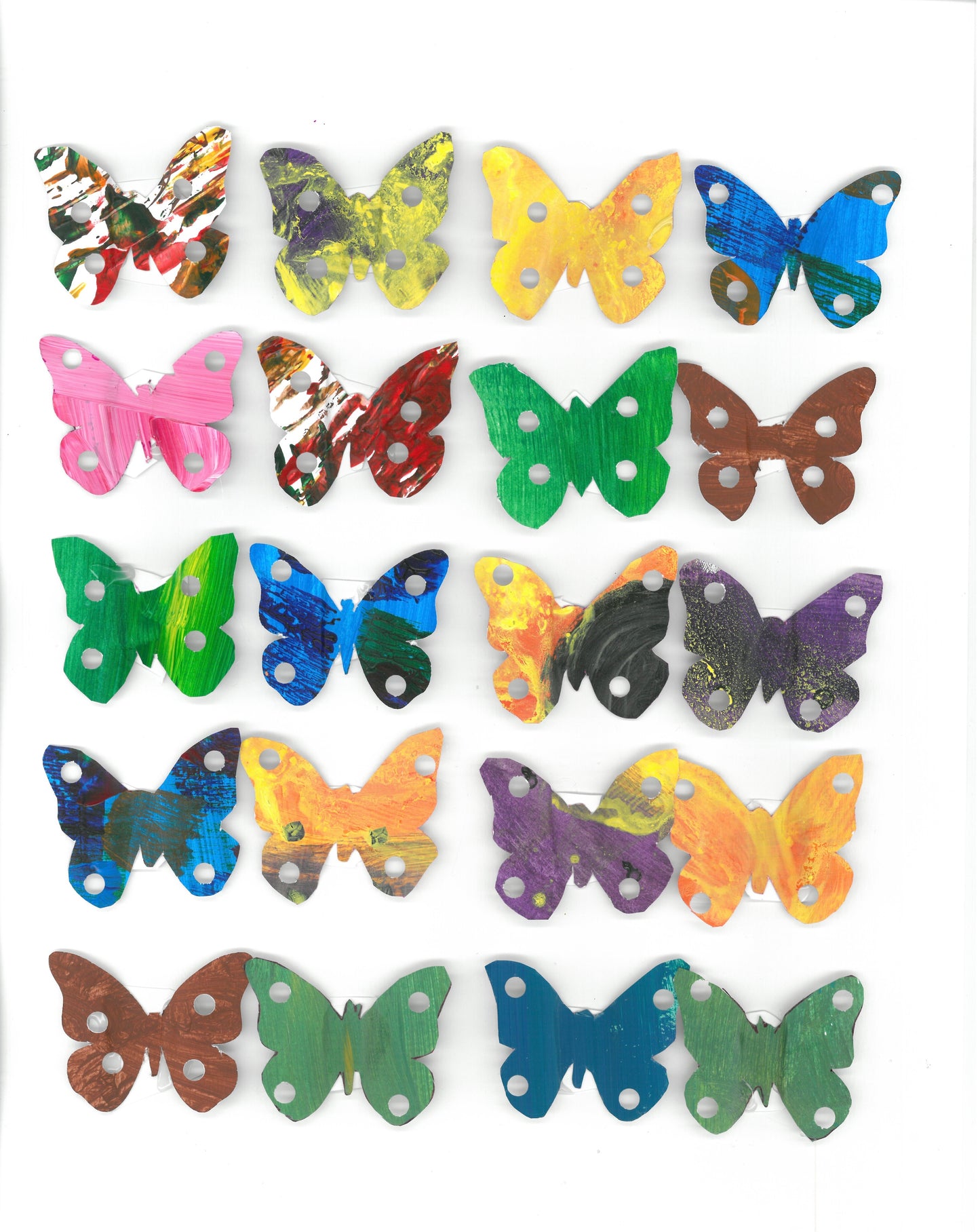 collage of butterflies in a grid of 4x5 made of various colored and patterned paintings