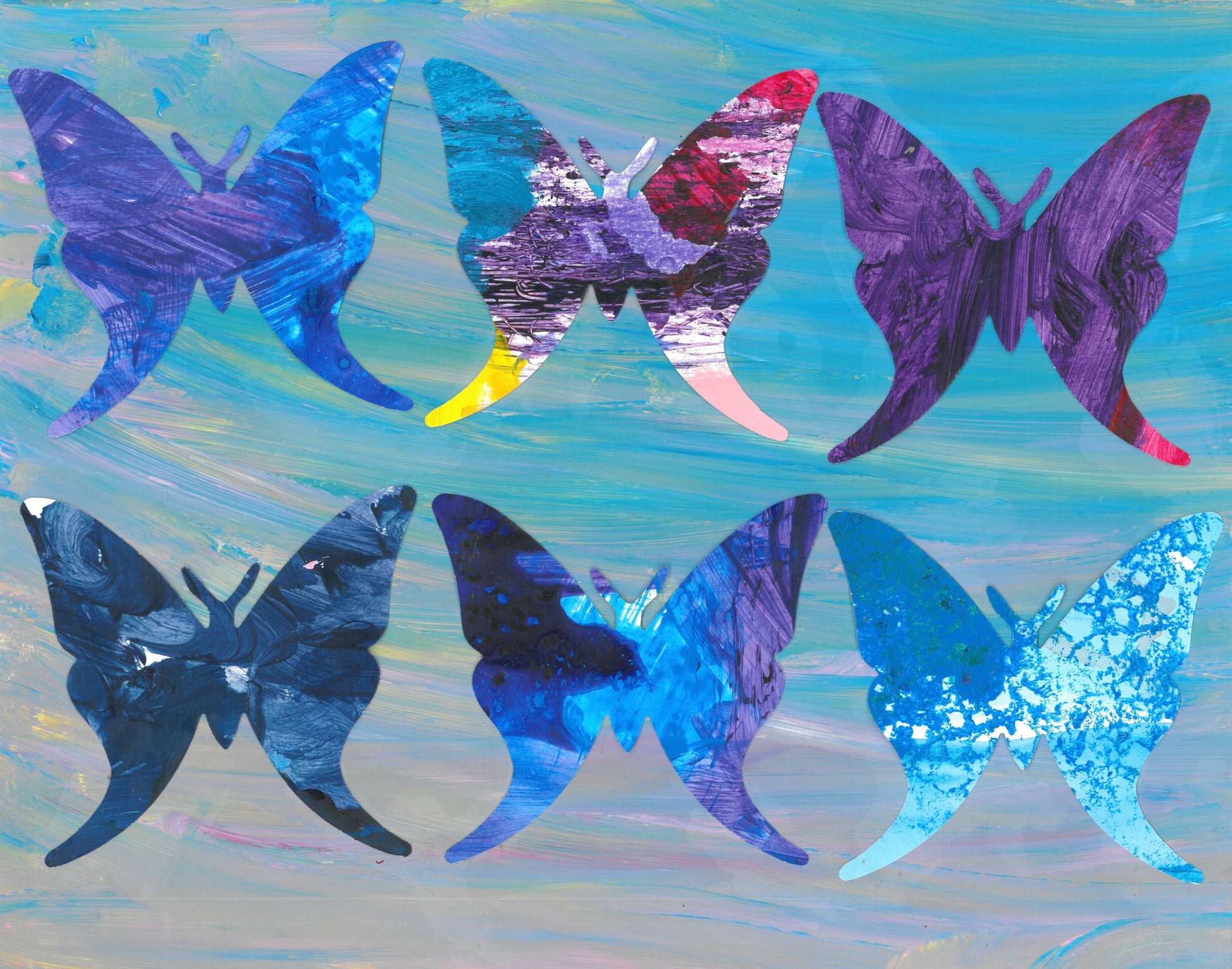 collage of a combination of paintings that are blue and purple cut into butterfly shapes