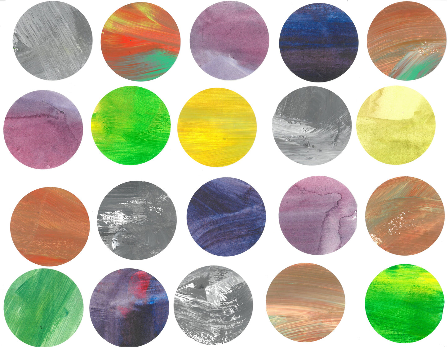 collage of a 4 x5 grid of circles made from many paintings