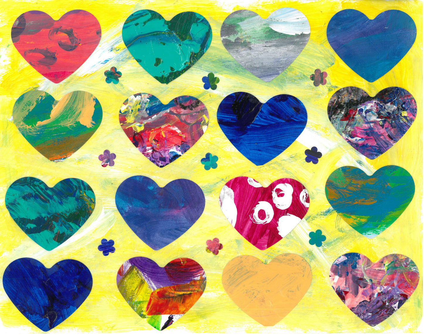 collage of hearts and flowers in a 4 x4 grid made of various paintings