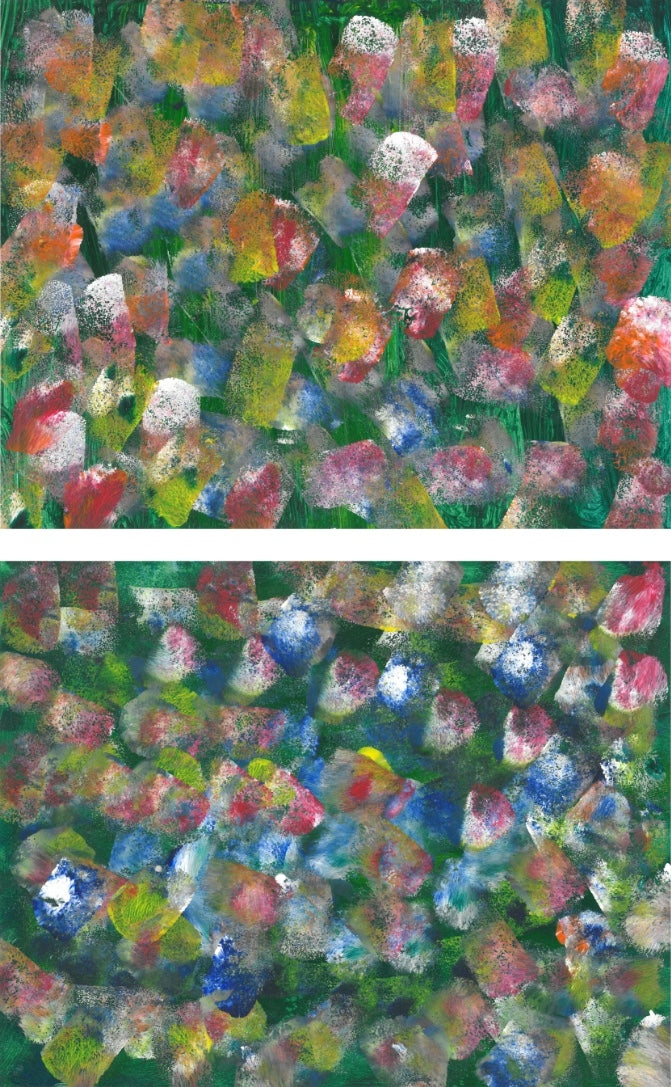 abstract painting of multcolored pinks and blues amongst green