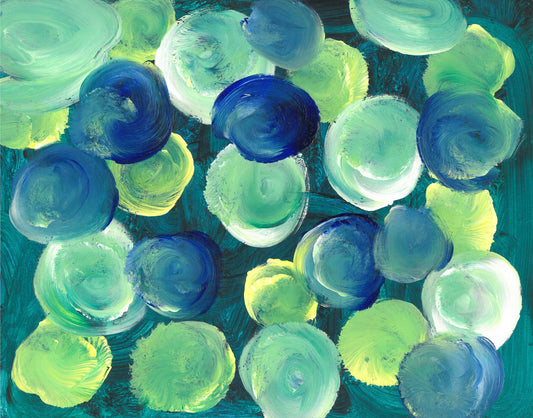 abstract painting of blues and greens with circles