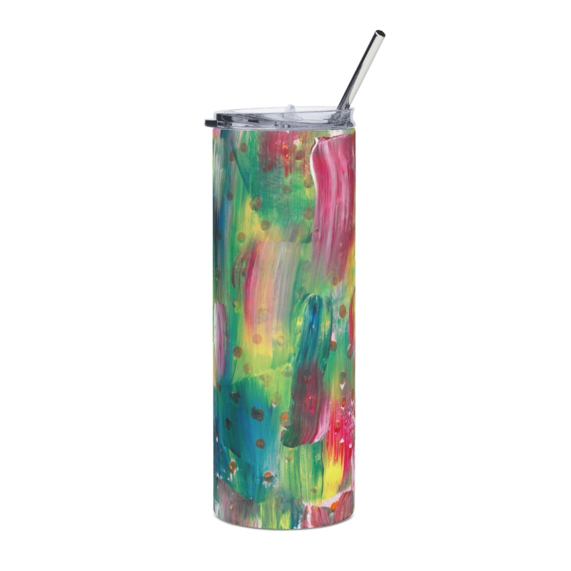 tumbler of an Abstract painting of various colored short brush strokes of yelow, pink, green, and blue with dots peeping through