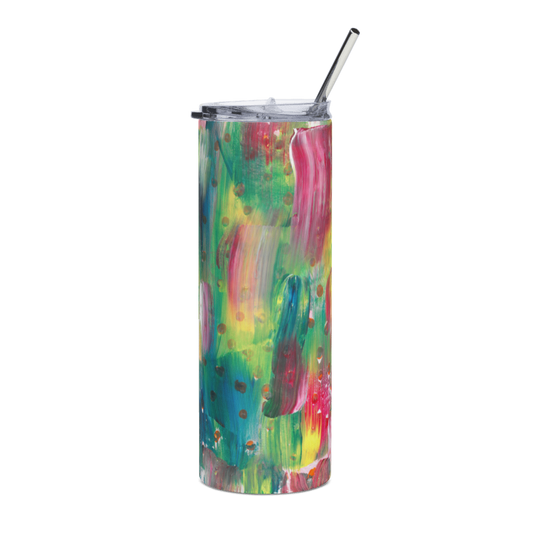 tumbler of an Abstract painting of various colored short brush strokes of yelow, pink, green, and blue with dots peeping through