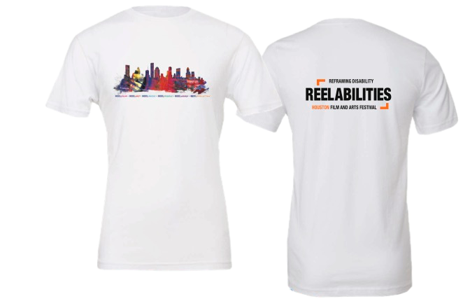 shirt with city skyline and reel abilities logo on the back