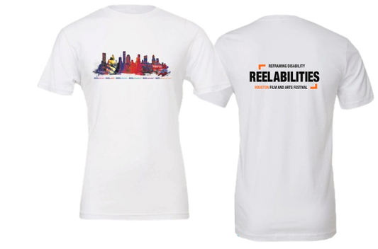 shirt with city skyline and reel abilities logo on the back