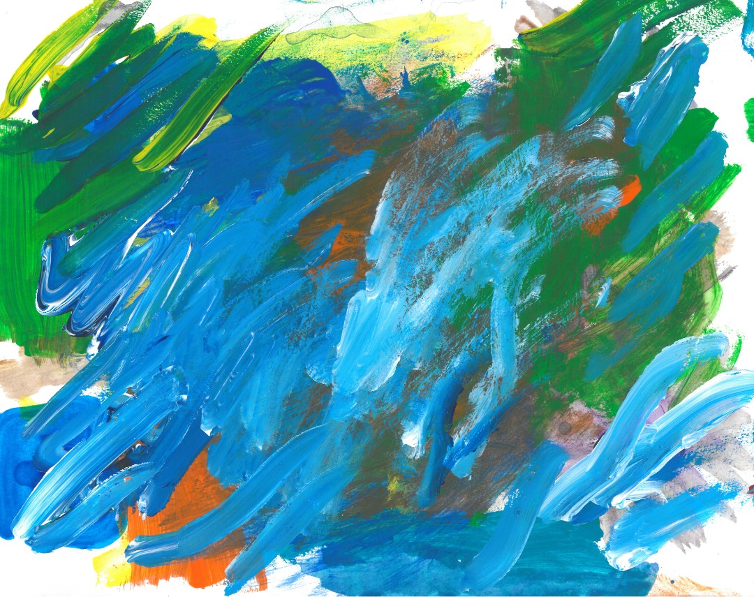 Abstract painting of blue stripes on green and orange