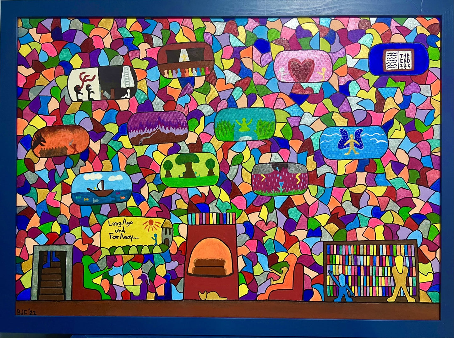 Artistic rendering of a colorful library where a person shares stories with others