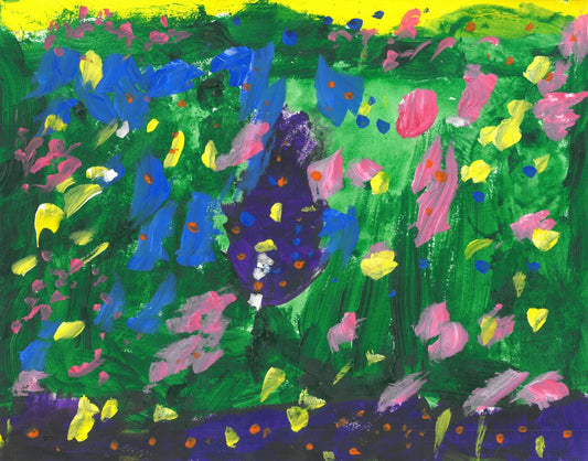 Abstract painting of colorful dots on a green background