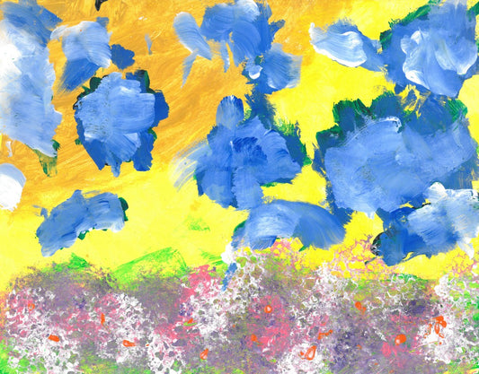 abstract landscape of clouds and flowers against a yelllow background